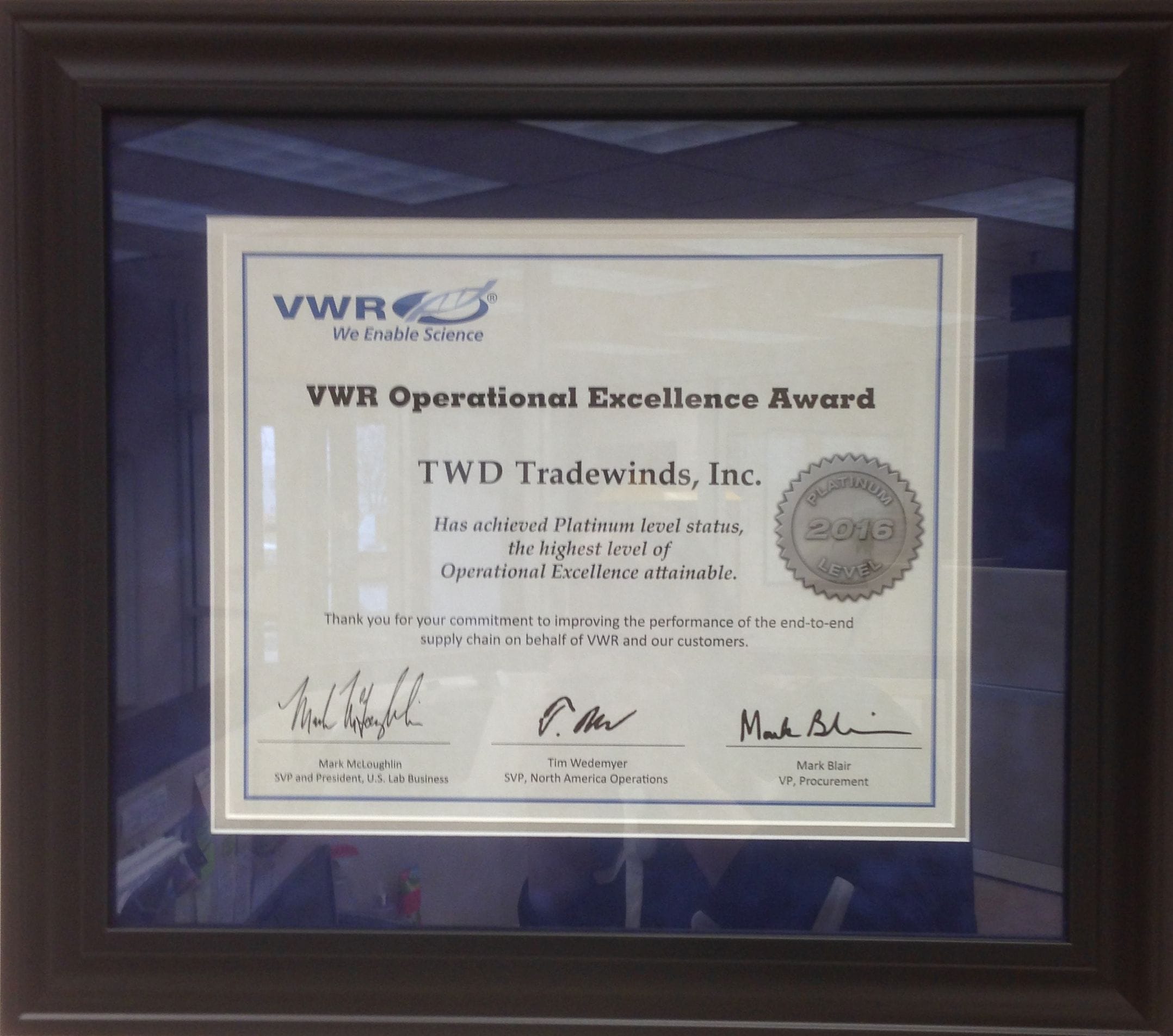 TWD Receives 2016 VWR Platinum Award in Operational Excellence